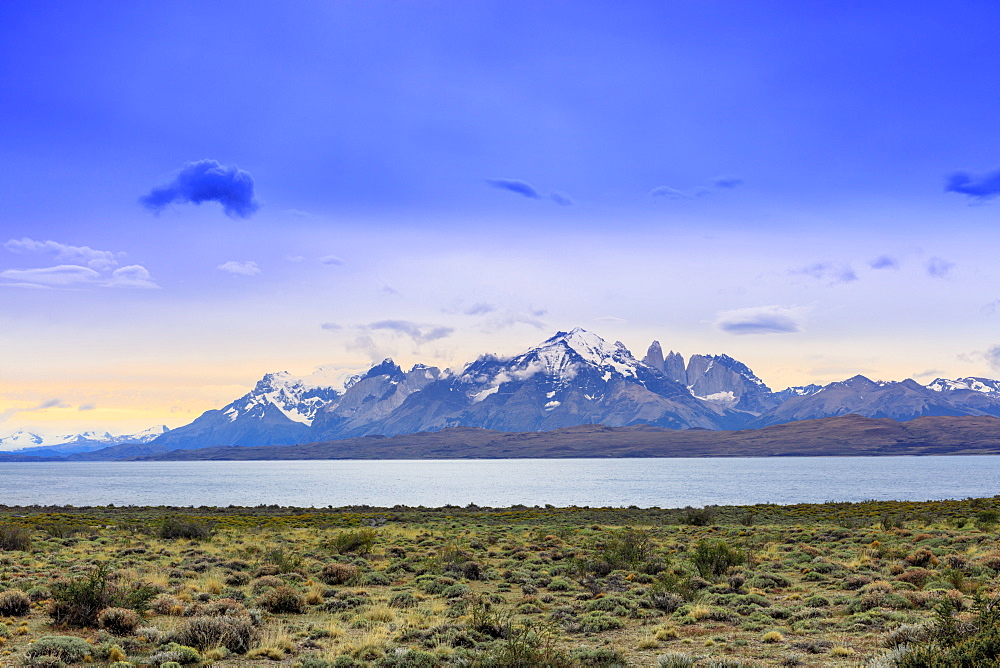 View of the Torres del Paine mountain range, Patagonia, Chile, South America