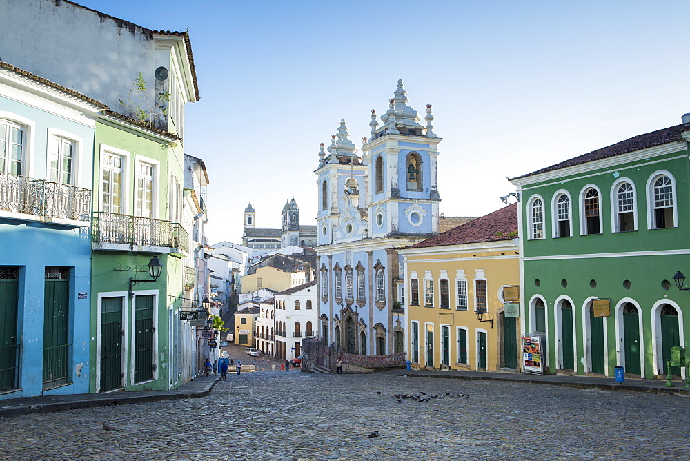 Pelourinho in city centre with Our Lady of the Roasary of Black People (Nossa Senhora do Rosario dos Pretos), UNESCO World Heritage Site, Salvador de Bahia, Bahia, Brazil, South America