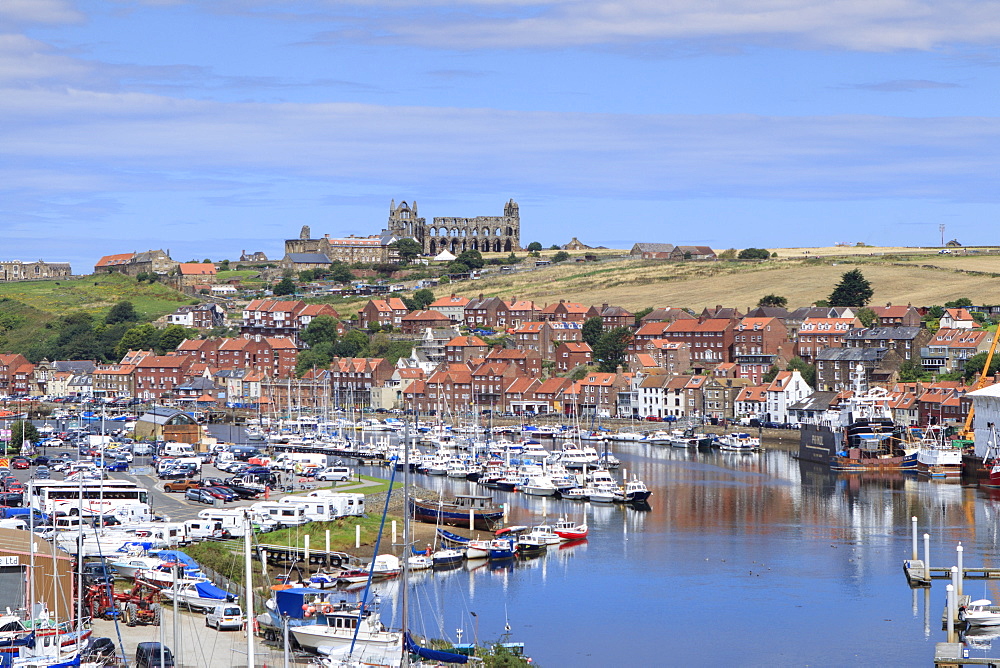 View of Whitby Abbey and the River Esk, Whitby, Yorkshire, England, United Kingdom, Europe