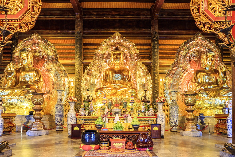 Gia Sinh, Buddhas inside a pagoda at Bai Dinh Mahayana Buddhist Temple near Tam Coc, Ninh Binh, Vietnam, Indochina, Southeast Asia, Asia