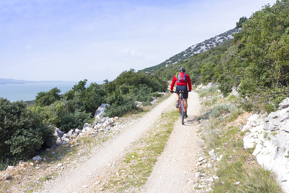 A mountain cyclist cycling around Vransko Jezero Lake, Dalmatia, Croatia, Europe