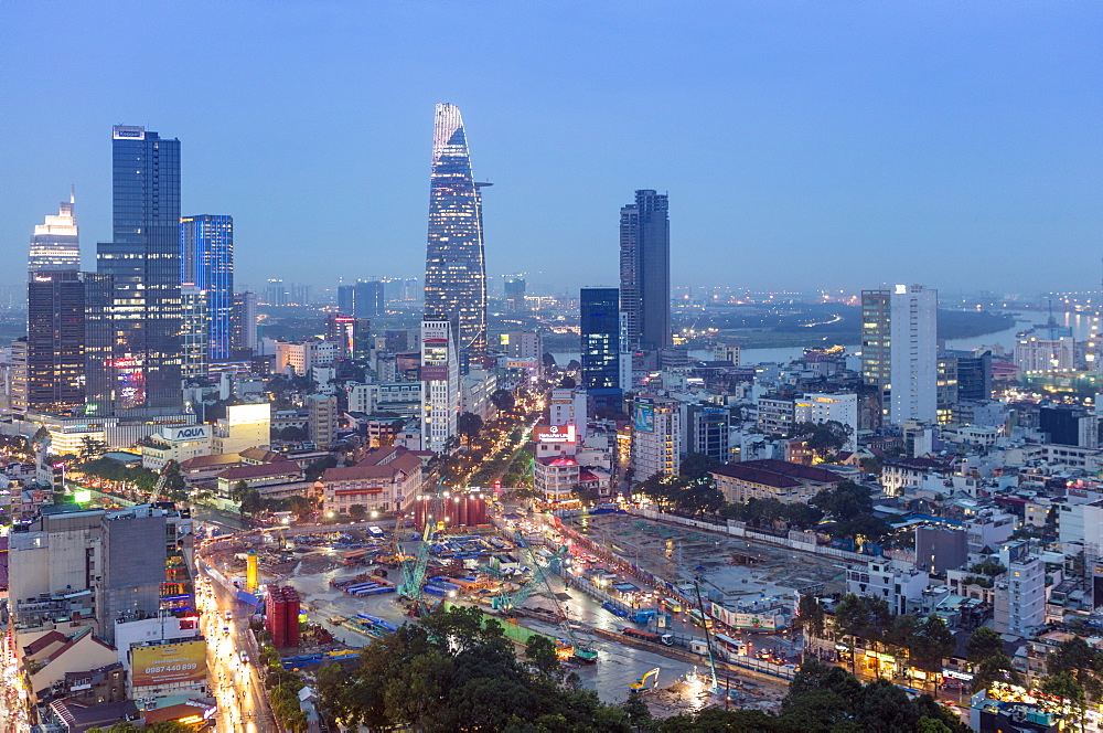 City skyline at night showing the Bitexco tower, Ho Chi Minh City (Saigon), Vietnam, Indochina, Southeast Asia, Asia