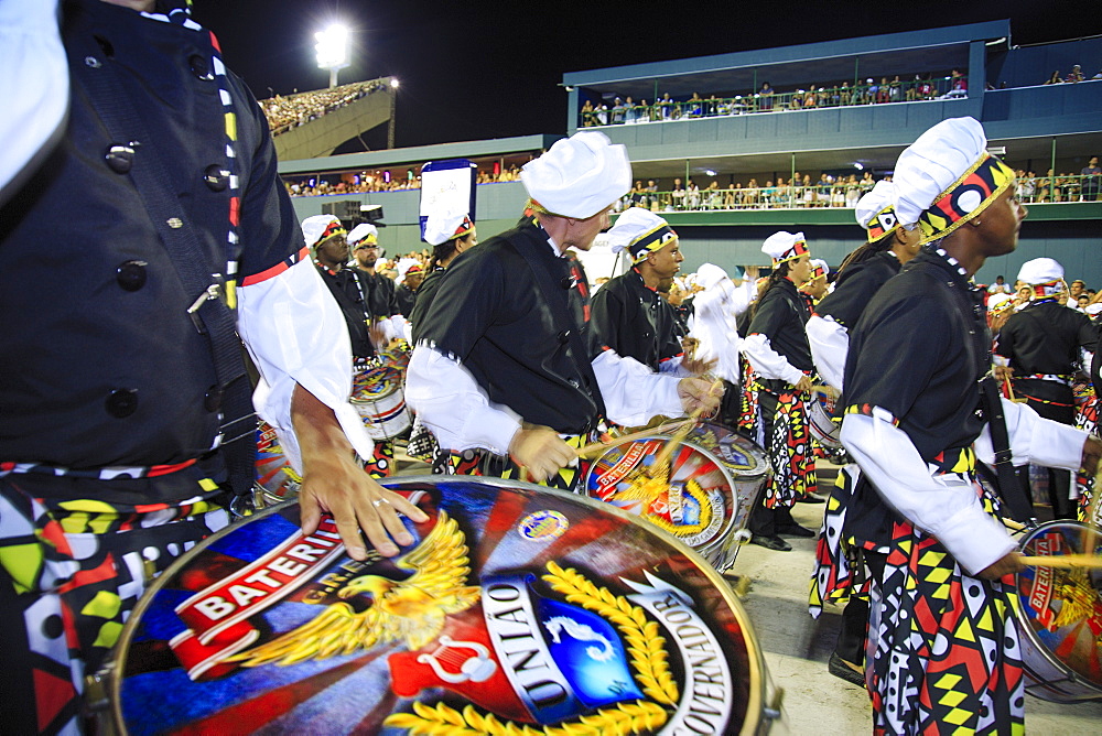 Samba drummers at the main Rio de Janeiro Carnival parade in the Sambadrome (Sambodromo) arena, Rio de Janeiro, Brazil, South America