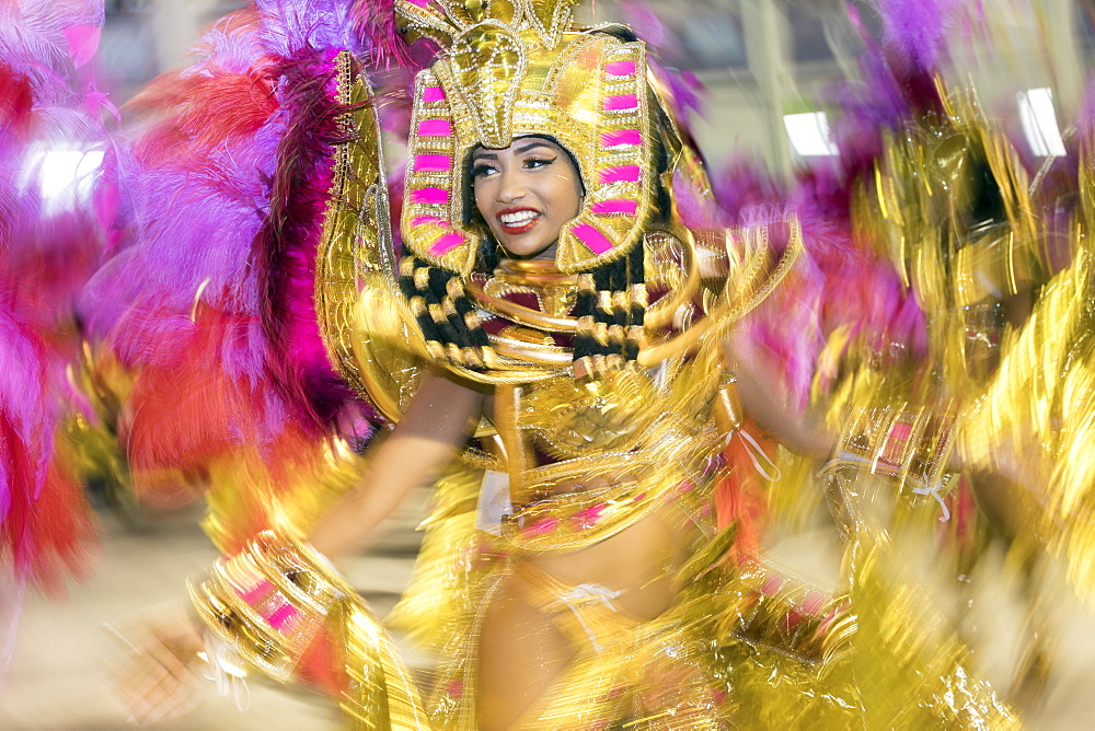 Dancers at the main Rio de Janeiro Carnival parade in the Sambadrome (Sambodromo) arena, Rio de Janeiro, Brazil, South America