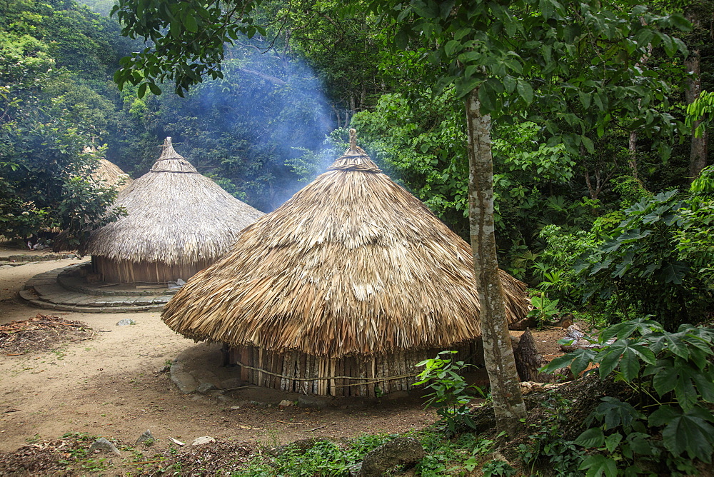 Circular huts in Pueblito, a Kogi indigenous village in Tayrona National Park, Colombia, South America