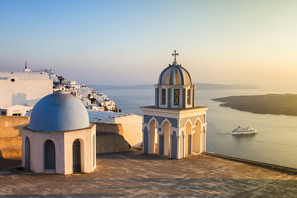 The blue domes of the churches dominate the Aegean Sea, Firostefani, Santorini, Cyclades, Greek Islands, Greece, Europe