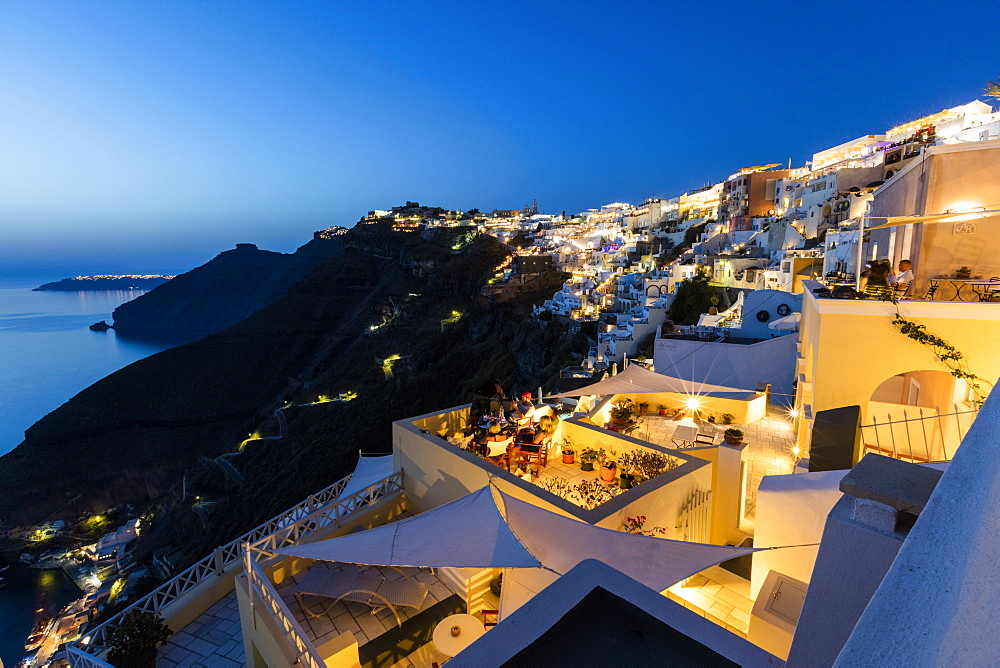 View of the Aegean Sea from the typical Greek village of Firostefani at dusk, Santorini, Cyclades, Greek Islands, Greece, Europe