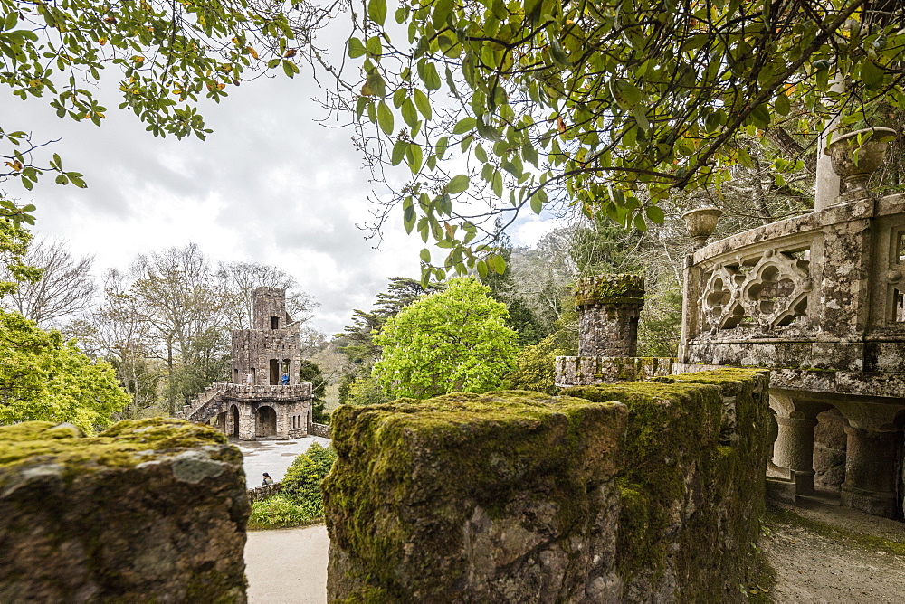 Mystical constructions of Romanesque Gothic and Renaissance style inside the park Quinta da Regaleira, Sintra, Portugal, Europe