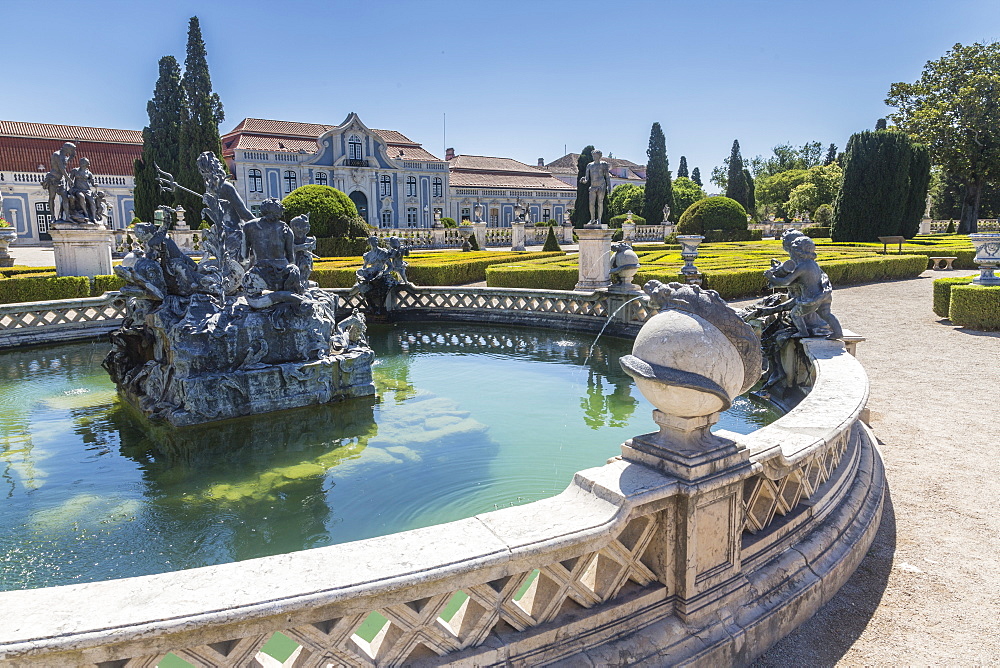 Fountains and ornamental statues in the gardens of the royal residence of Palacio de Queluz, Lisbon, Portugal, Europe