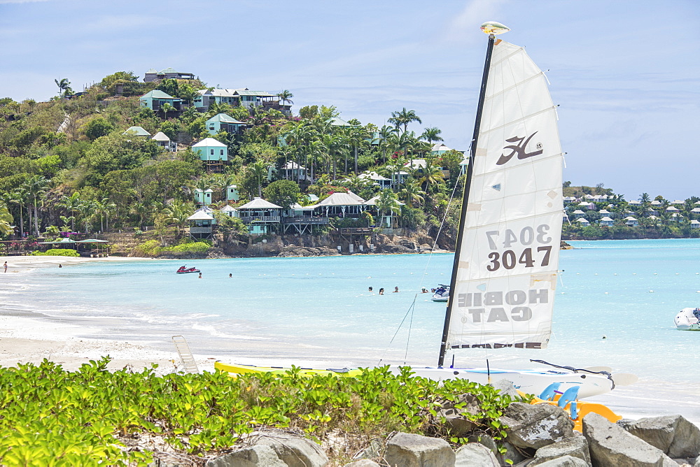 The resort on the Caribbean Sea and boats for tourists, Jolly Beach, Antigua, Antigua and Barbuda, Leeward Islands, West Indies, Caribbean, Central America