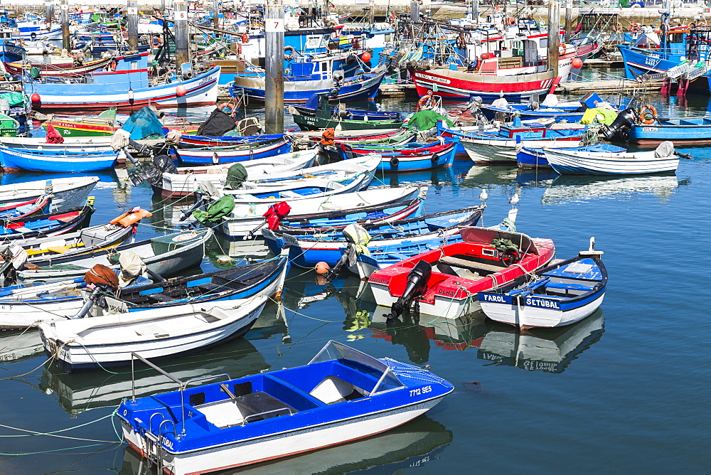 The harbor and the colorful fishing boats on a summer day, Setubal, Portugal, Europe