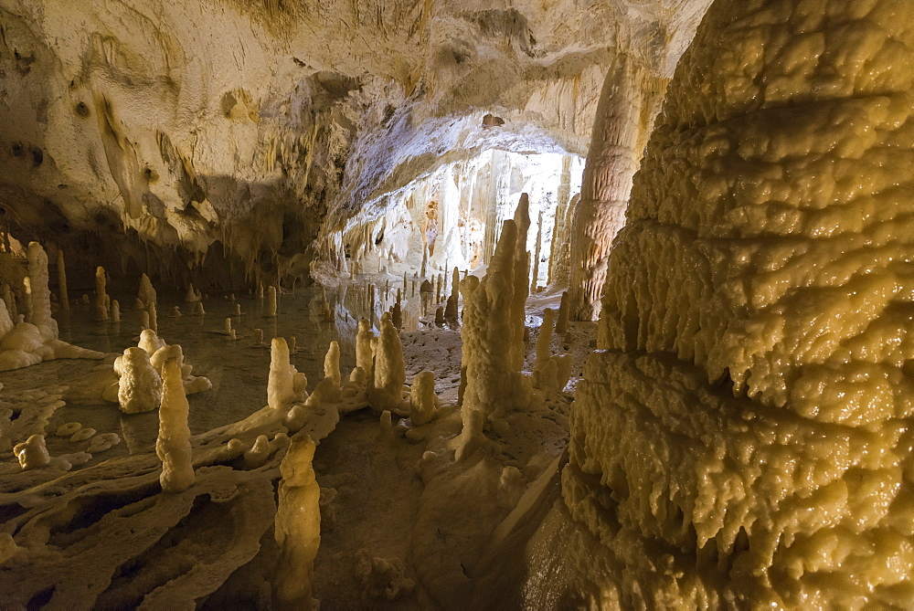 The natural show of Frasassi Caves with sharp stalactites and stalagmites, Genga, Province of Ancona, Marche, Italy, Europe