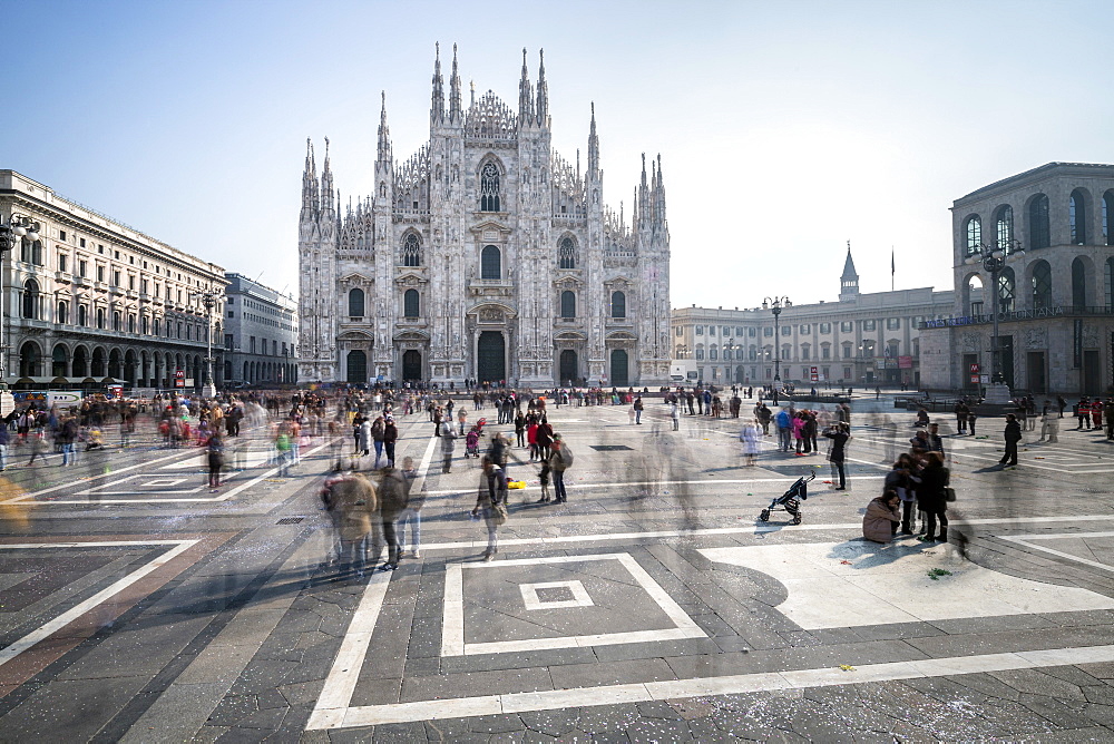 View of the square and the gothic Duomo, the icon of Milan, Milan, Lombardy, Italy, Europe