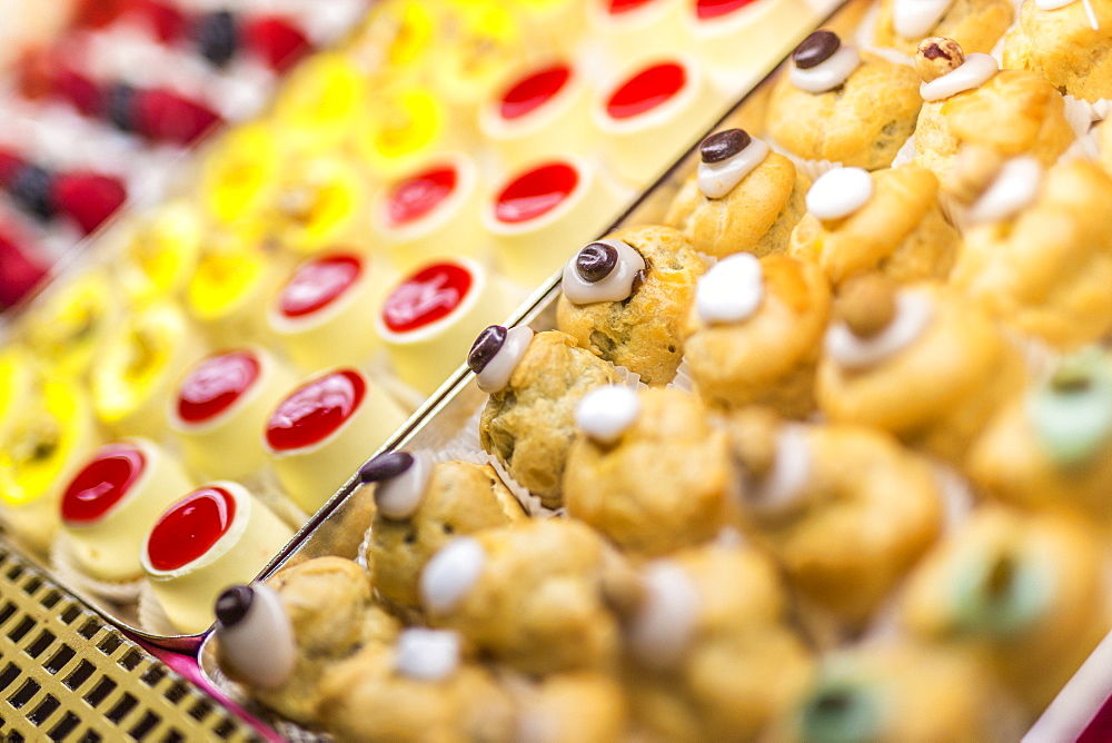 Typical homemade sweets and pastries of the old Cafe Cova, Milan, Lombardy, Italy, Europe