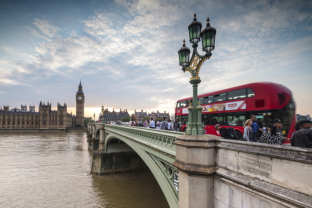 Tourists on Westminster Bridge over the River Thames with Big Ben and Palace of Westminster in the background, London, England, United Kingdom, Europe