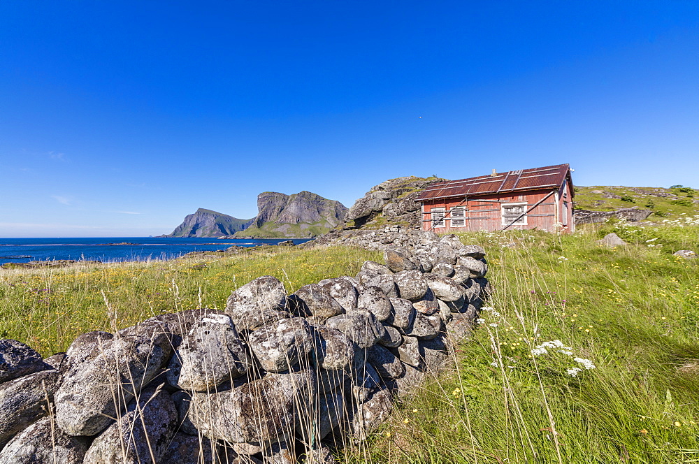 House of fishermen called rorbu surrounded by sea, Sorland, Vaeroy Island, Nordland county, Lofoten archipelago, Norway, Scandinavia, Europe