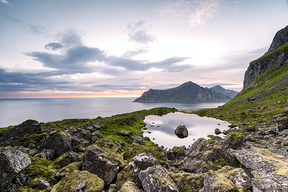 Pink clouds of the midnight sun reflected in the cold sea, Flakstad, Moskenesoya, Nordland county, Lofoten Islands, Norway, Scandinavia, Europe