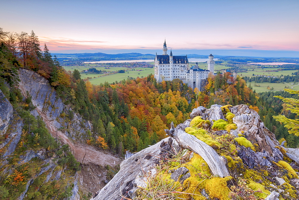 Sunset on Neuschwanstein Castle surrounded by colorful woods in autumn, Fussen, Bavaria, Germany, Europe