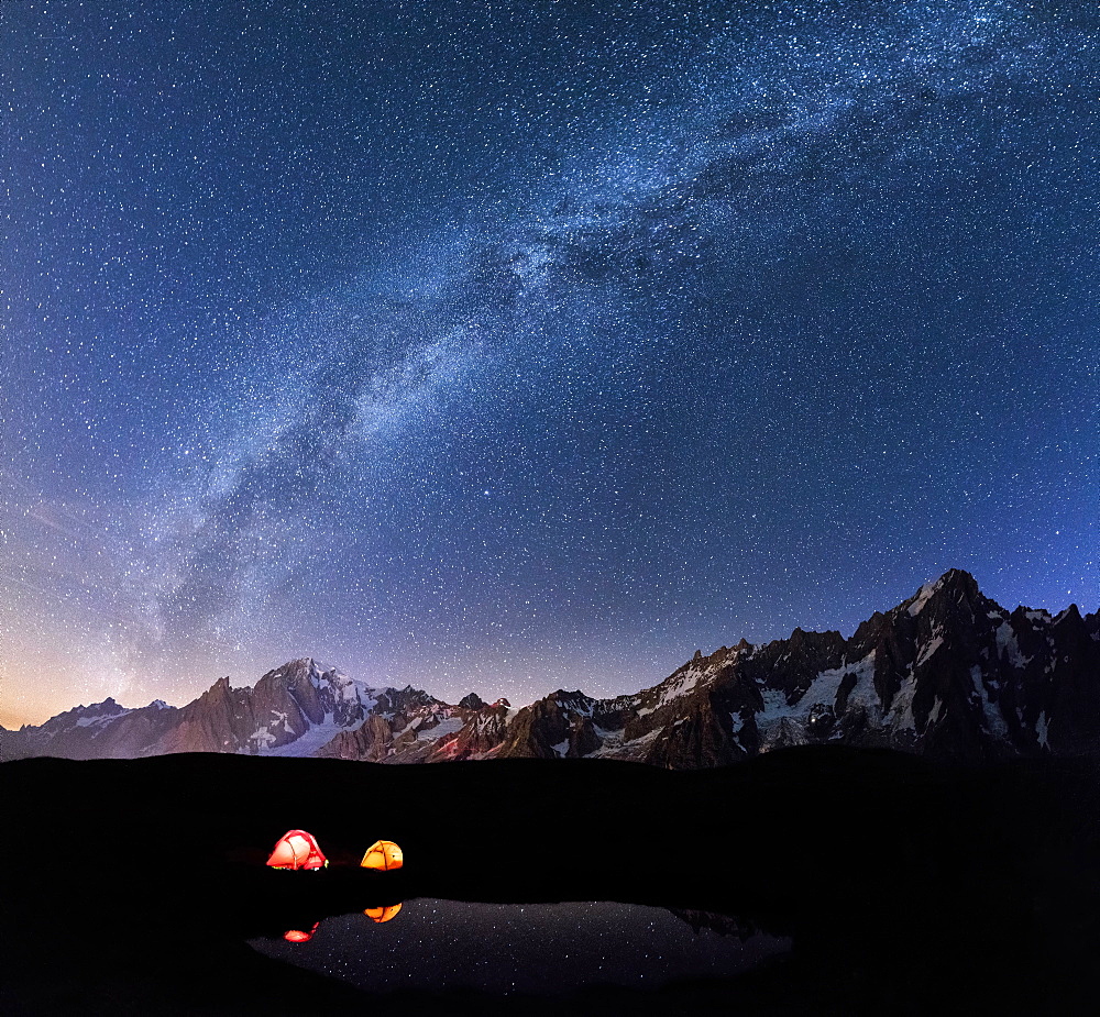 Panorama of Mont Blanc, Mont De La Saxe and Grand Jorasses under the starry sky, Graian Alps, Courmayeur, Aosta Valley, Italy, Europe