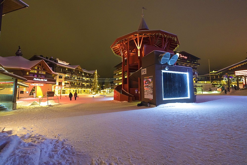 Night view of the alpine village and ski resort covered with snow, Ruka, Kuusamo, Ostrobothnia region, Lapland, Finland, Europe