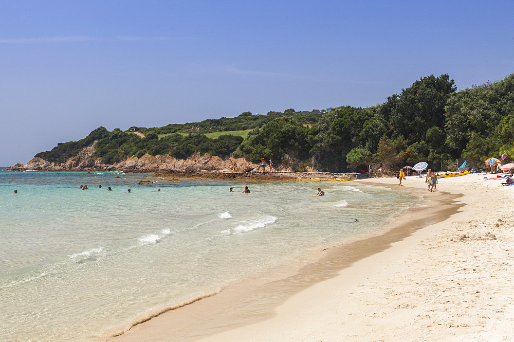 Bathers on sandy beach surrounded by turquoise sea and golf course, Sperone, Bonifacio, South Corsica, France, Mediterranean, Europe