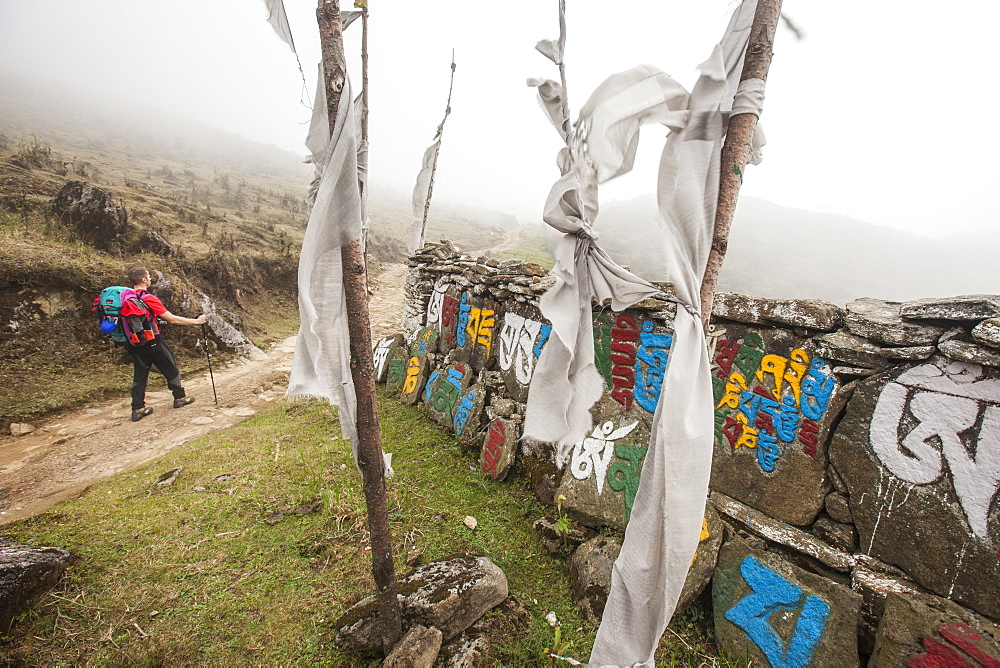 Gateway to Nepal with flags and Buddhist inscriptions near the village of Tumling, Nepal, Asia