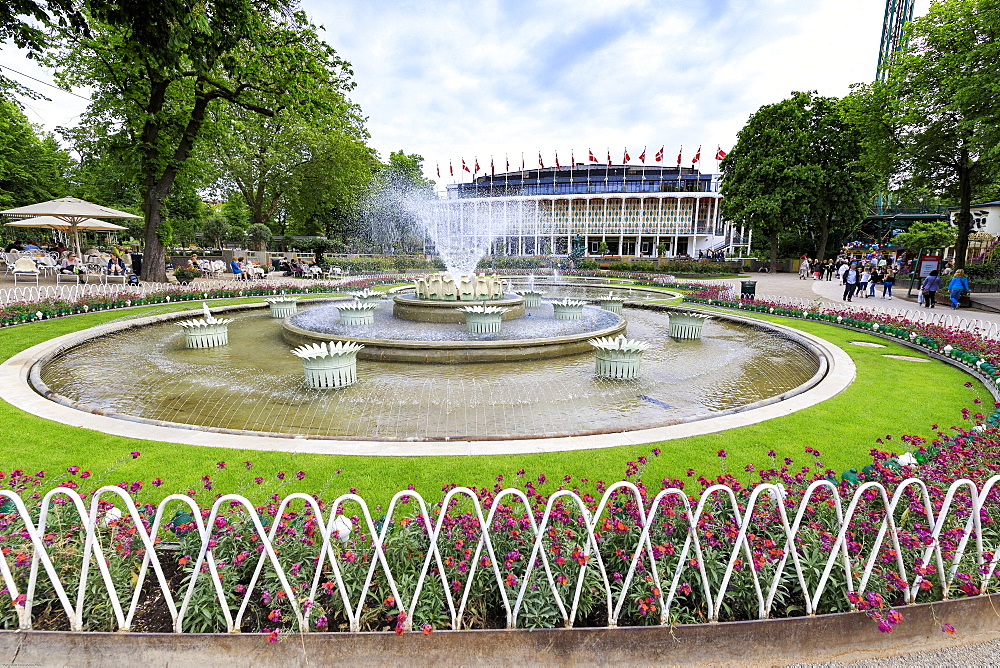 Fountains and the Concert Hall in the background, Tivoli Gardens, Copenhagen, Denmark, Europe