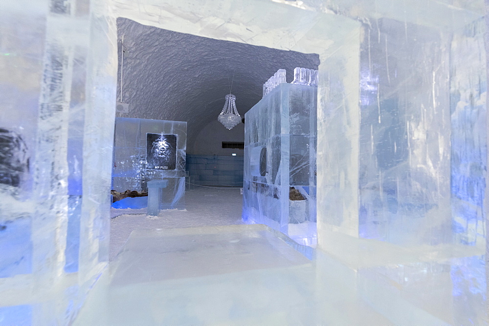 Sculptures of ice in the interior rooms of the Ice Hotel, Jukkasjarvi, Kiruna, Norrbotten County, Lapland, Sweden, Scandinavia, Europe