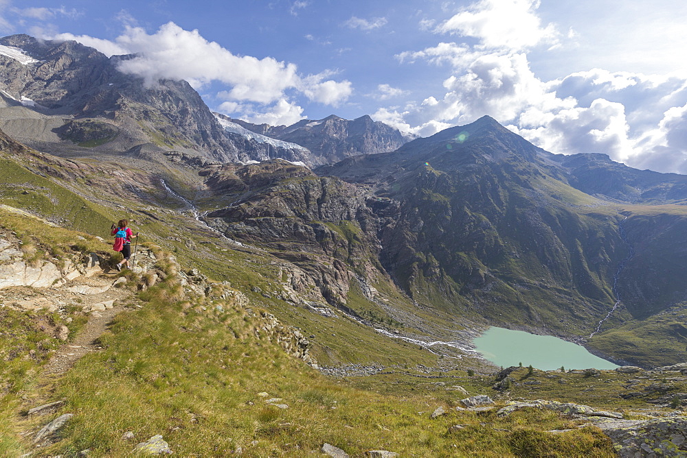 Sentiero Glaciologico and water basin and dam of Alpe Gera on the background, Malenco Valley, Valtellina, Lombardy, Italy, Europe