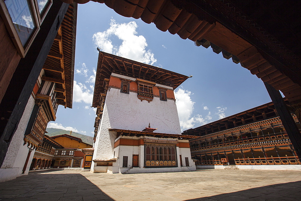 View of the interior courtyard at the Taktsang Monastery, one of the most famous Buddhist temples in Bhutan, Paro, Bhutan, Asia