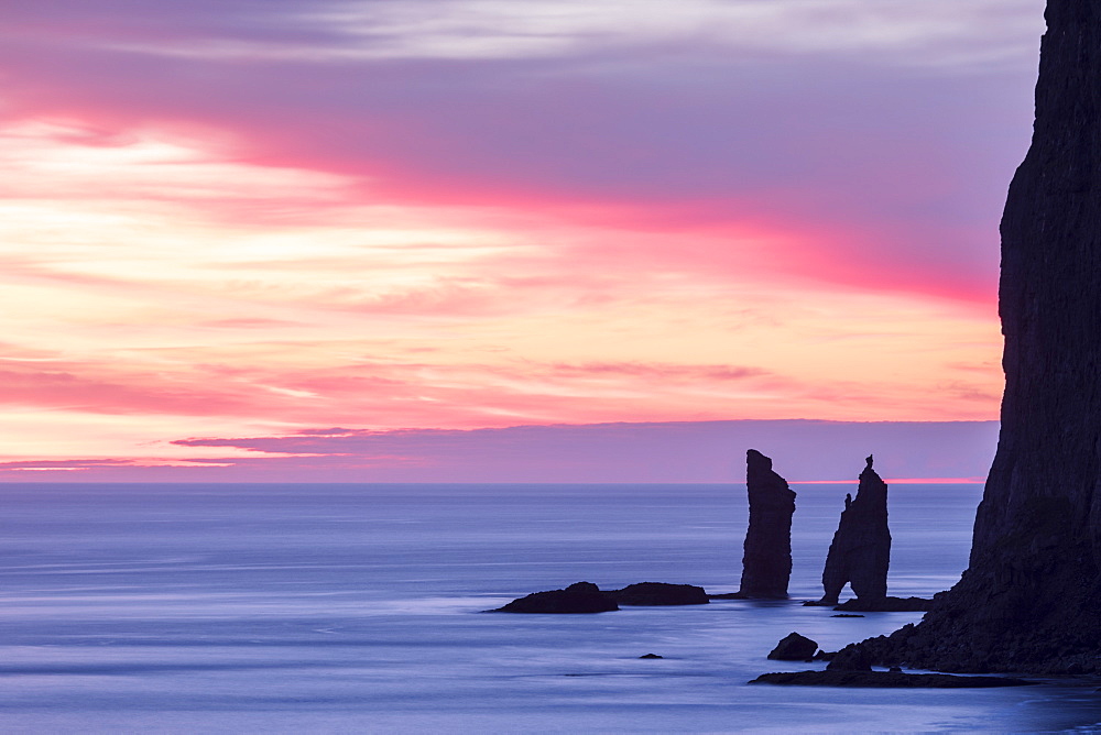 Cliffs of Risin og Kellingin at sunrise seen from Tjornuvik, Streymoy Island, Faroe Islands, Denmark, Europe