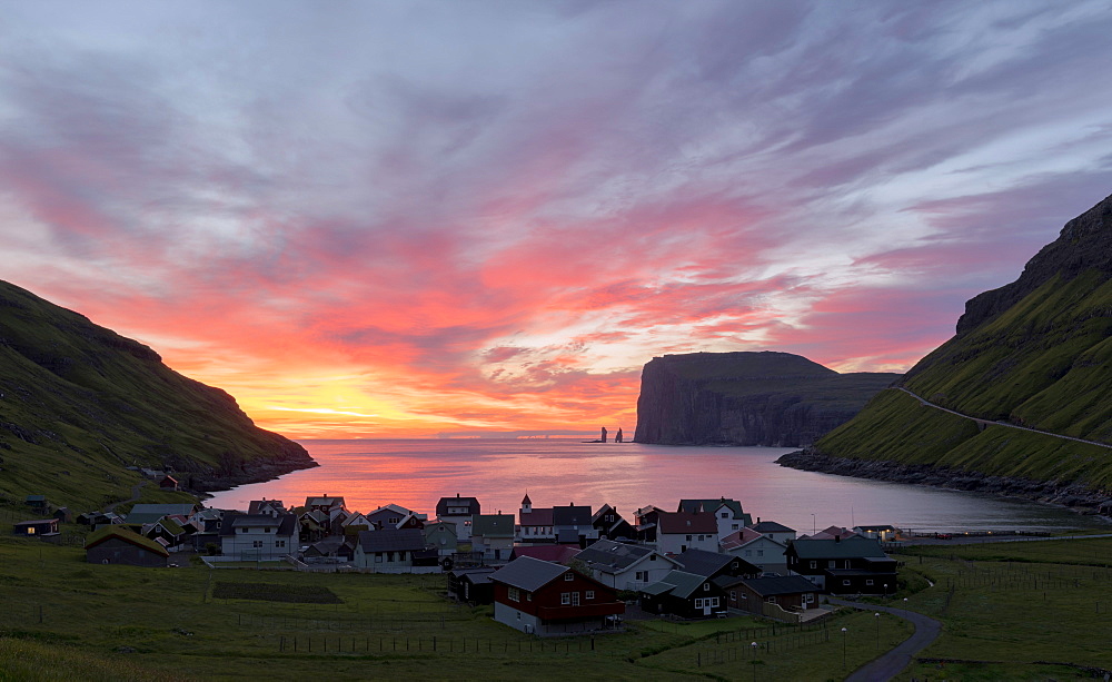 The village of Tjornuvik at sunrise, Sunda Municipality, Streymoy Island, Faroe Islands, Denmark, Europe