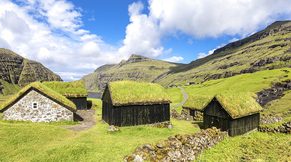 Panoramic of typical grass roof (turf roof) houses, Saksun, Streymoy Island, Faroe Islands, Denmark, Europe