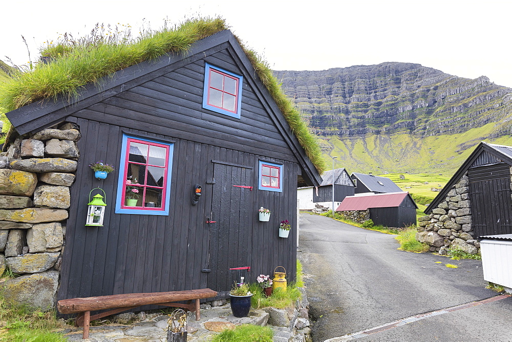 Traditional houses, Kunoy Island, Nordoyar, Faroe Islands, Denmark, Europe