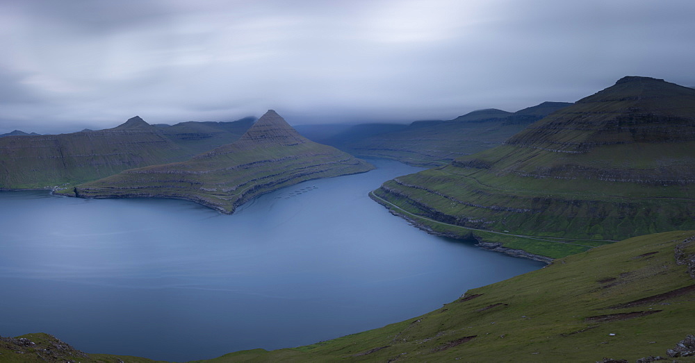 Panoramic of Funningur fjord, Eysturoy Island, Faroe Islands, Denmark, Europe