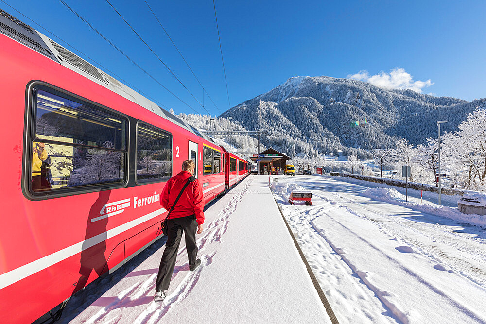 Bernina Express train at Filisur station, Albula Valley, Canton of Graubunden, Switzerland, Europe