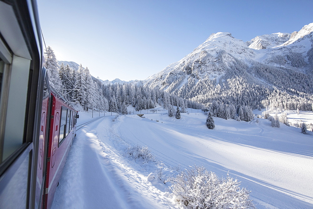 Bernina Express train, Preda Bergun, Albula Valley, Canton of Graubunden, Switzerland, Europe