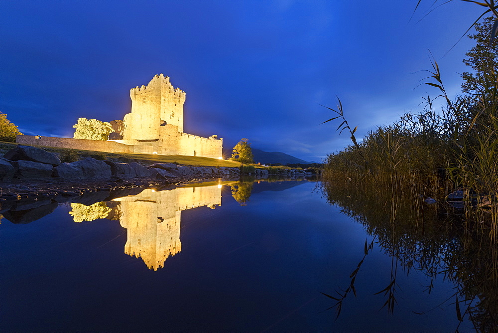 Panoramic of Ross Castle and Lough Leane lake, Killarney National Park, County Kerry, Munster, Republic of Ireland, Europe