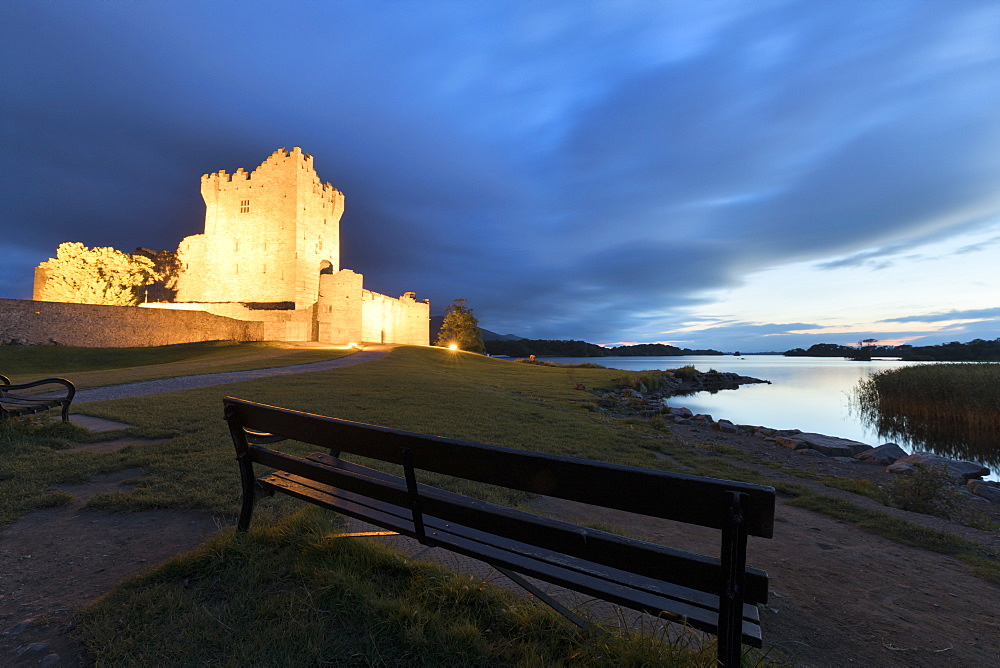 Panoramic of Ross Castle at dusk, Killarney National Park, County Kerry, Munster, Republic of Ireland, Europe