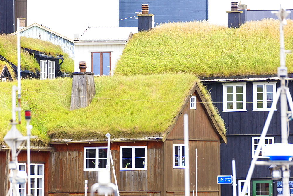 Traditional houses with grass roof at the harbour, Torshavn, Streymoy Island, Faroe Islands, Denmark, Europe