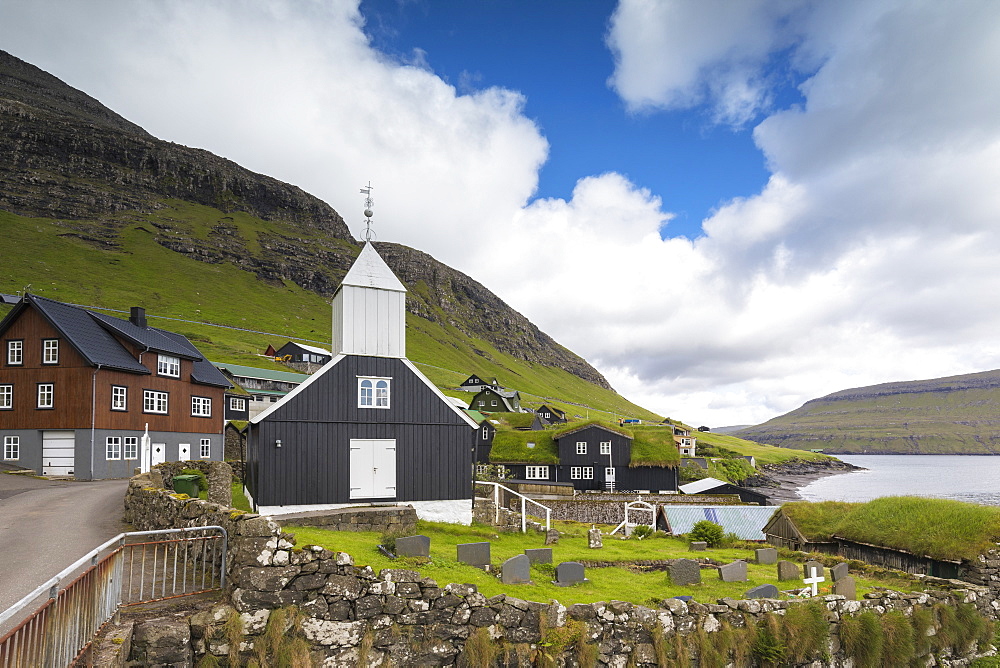 Church and graveyard in Bour, Vagar Island, Faroe Islands, Denmark, Europe