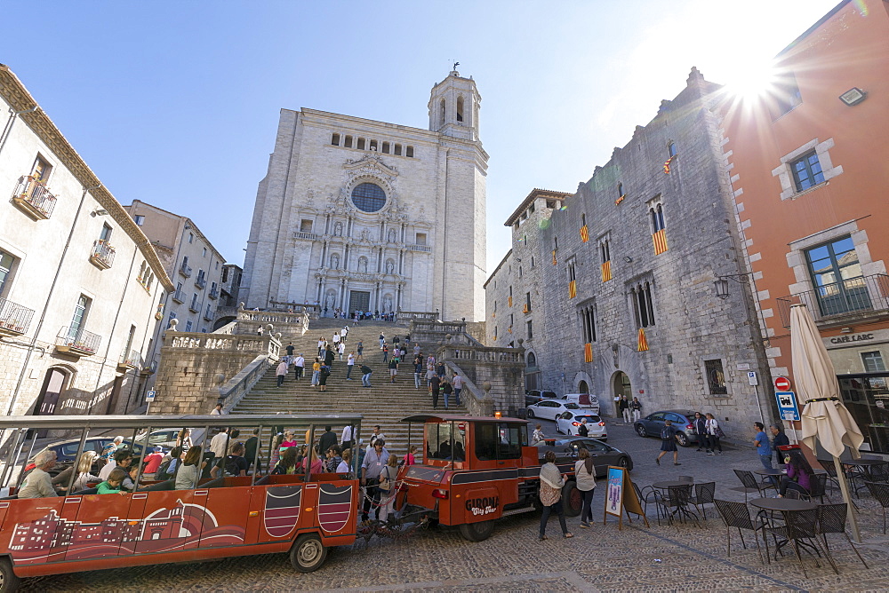 City Tour Train in front of Cathedral, Girona, Catalonia, Spain, Europe