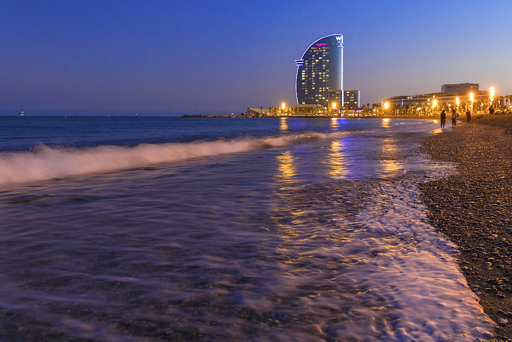 La Barceloneta Beach and the W Barcelona hotel in the background, Barcelona, Catalonia, Spain, Europe