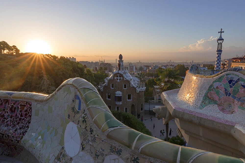 Park Guell at sunrise, UNESCO World Heritage Site, Barcelona, Catalonia, Spain, Europe