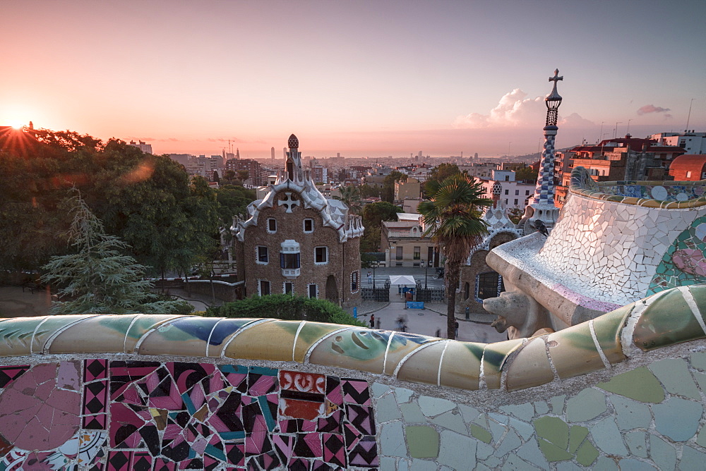 Details of Antoni Gaudi's architecture in Park Guell, UNESCO World Heritage Site, Barcelona, Catalonia, Spain, Europe