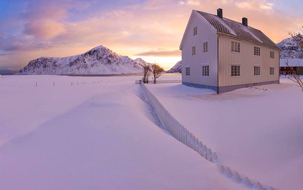 Panoramic view of traditional house, Flakstad, Lofoten Islands, Nordland, Norway, Europe