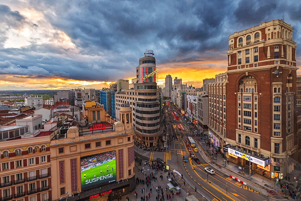 Elevated view of Plaza del Callao (Callao Square), Capitol Building and Gran Via at sunset, Madrid, Spain, Europe