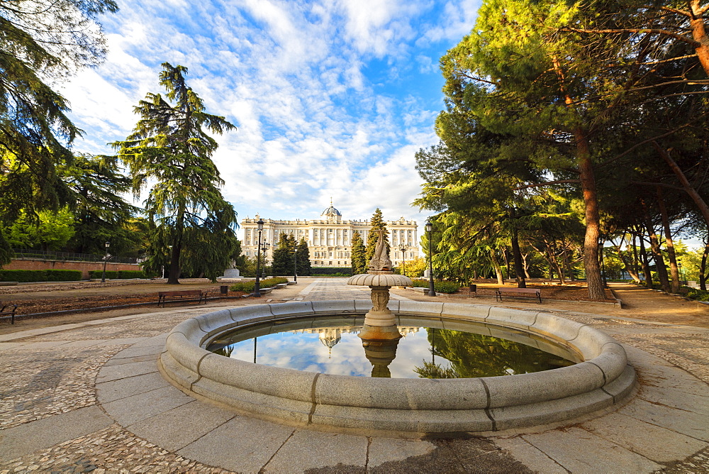 Fountain at Jardines De Sabatini and Royal Palace of Madrid (Palacio Real de Madrid), Madrid, Spain, Europe