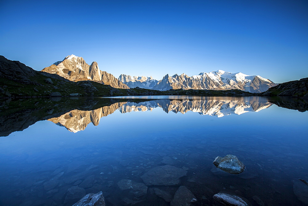 Panorama from Lac des Cheserys, a great terrace from which to admire Mont Blanc range, Haute Savoie, French Alps, France, Europe