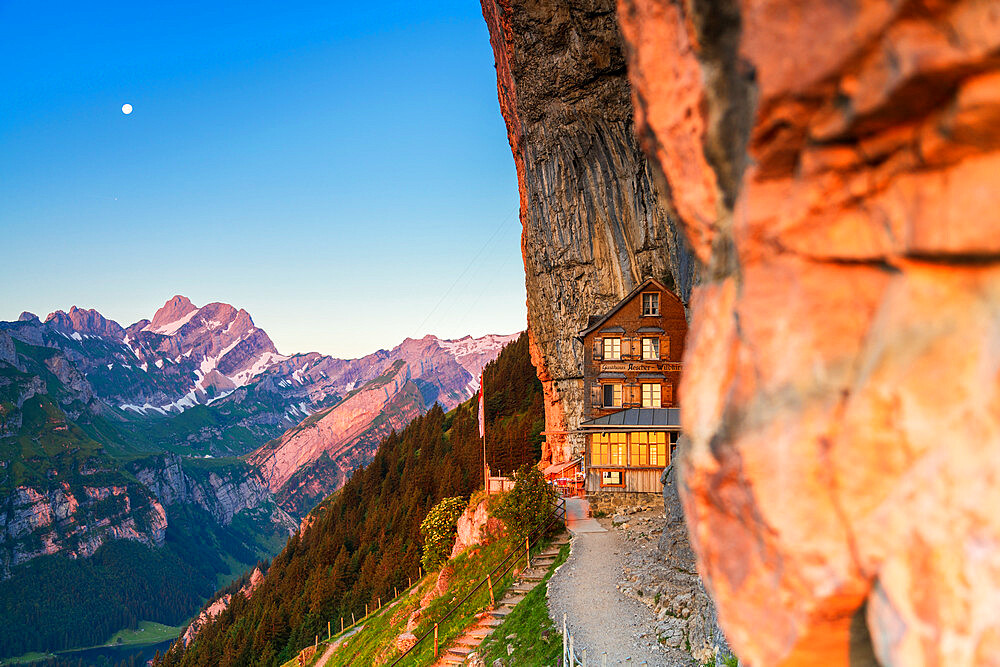 Aescher-Wildkirchli Gasthaus at dusk, Ebenalp, Appenzell Innerrhoden, Switzerland, Europe